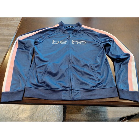 WOMEN'S BEBE SPORTS ATHLETIC JACKET- BLUE WITH PINK & WHITE ARM STRIPES -CUTE! - Picture 1 of 9